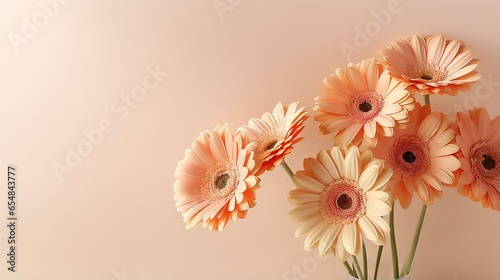 Aesthetic sunlight casts shadows on coral gerbera flowers atop a beige background creating a simple and elegant floral arrangement