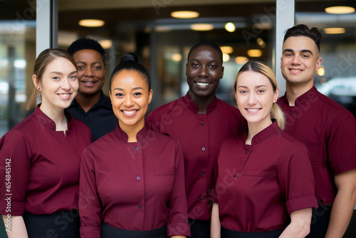diverse staff members wearing burgundy uniform in group team photo standing in front of workplace