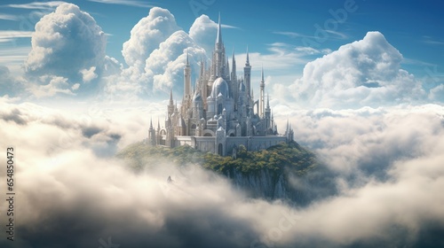 Clouds shelter castle in heavenly paradise