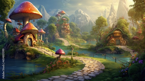 Illustration of a fantasy village in a magical forest landscape with whimsical houses and fairies