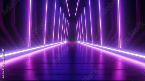Neon lamps create a colorful backdrop with diagonal lines on an empty purple stage