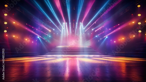 blurred empty theater stage with fun colourful spotlights abstract image of concert lighting illumination background