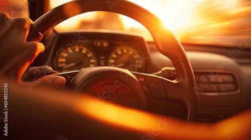 Close up of hands on a steering wheel with shallow depth of field, generated by AI