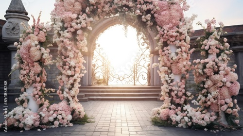 Flower adorned wedding arch in luxurious wedding area