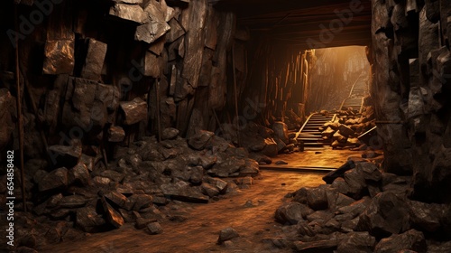 Collapsed timbered underground tunnel in deserted copper mine
