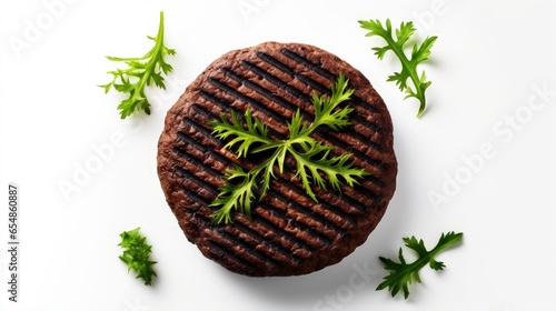 Top view of a plant based grilled burger patty with grill marks on white