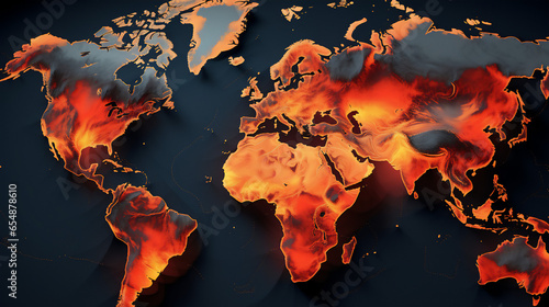 An animated world map with the continents, showing different heat zones, fire and flames representing global warming, desertification and environmental issues