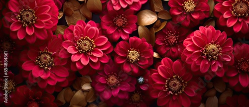 Sophisticated zinnias and ruby-edged petals sprawled on a gold damask fabric, with hues of hot pink, ruby red, and metallic gold.
