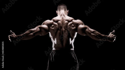 Bodybuilder demonstrating impressive shredded back muscles and showing thumb's up in low-key photography style on back background