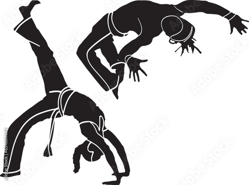 Capoeira Dance and Sport Vector - Pictogram Clip Art, Two Capoeira Performers - Isolated on White Background, Capoeira Martial Art Symbol - Doodle Sketch Clip Art