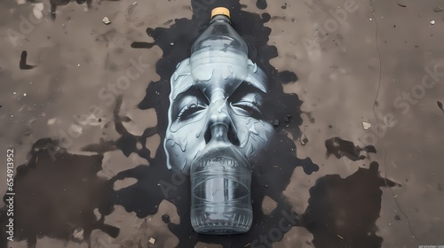 Plastic bottle with human face in the water