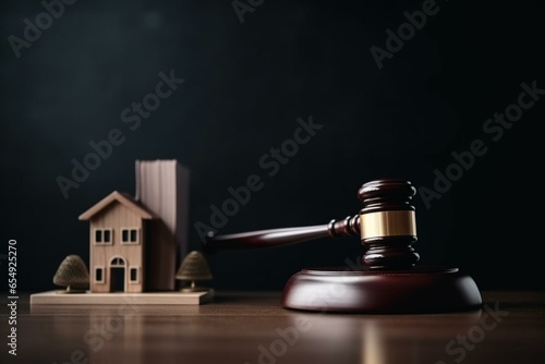 Gavel and miniature house on office table for real estate and legal concept. Generative AI
