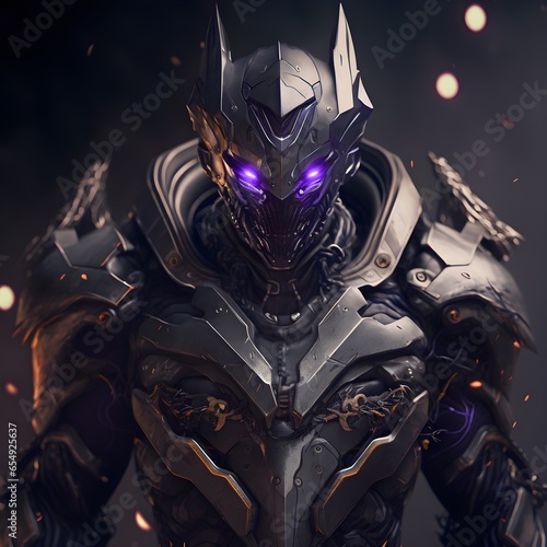 hyper realistic antagonist in a sci fi movie with dark armor and futuristic weapons human turned evil with malicious intentions 