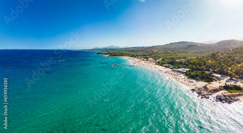Aerial drone panoramic view of beach of Orrì, Tortolì, Sardinia, Italy