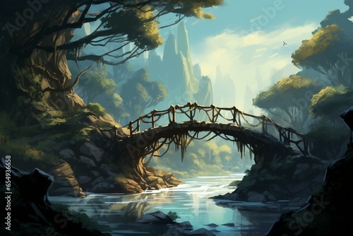 Image of a bridge with troll guarding it, river flowing beneath. Digital art style, illustration painting. Generative AI