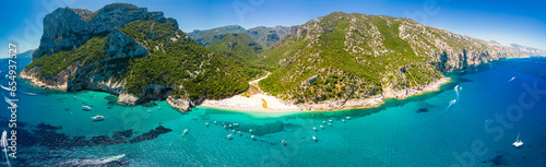 Aerial drone view of Cala Sisine beach in the Golf of Orosei, Sardinia, Italy