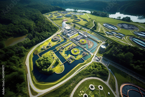 A wastewater treatment plant seen from an aerial perspective, surrounded by lush green trees