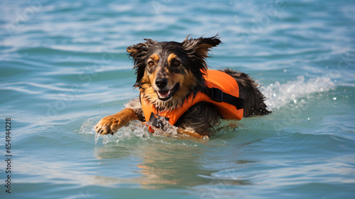Lifeguard dog swimming in a water, dog playing in water with a floating life jacket