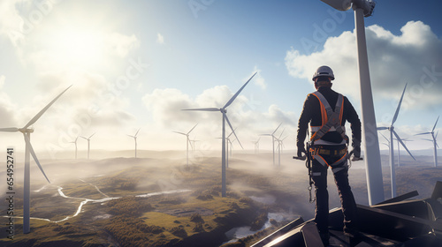 A worker standing on top of a wind turbine. ai generative