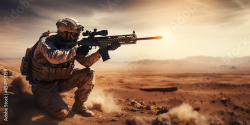 Military sniper in the desert. Sniper mercenary with a rifle aims at the enemy. ai generative