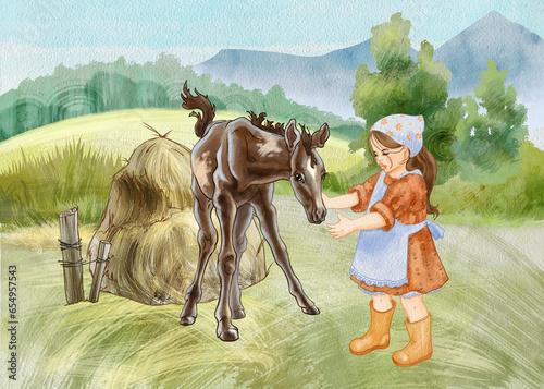 Сельский пейзаж с персонажами. Маленькая девочка с жеребенком на фоне пейзажа. Для печати и дизайна детских книг, продуктов из натуральных ингредиентов, животноводства и т. д.