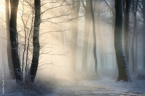 Winter forest with mystical morning fog 