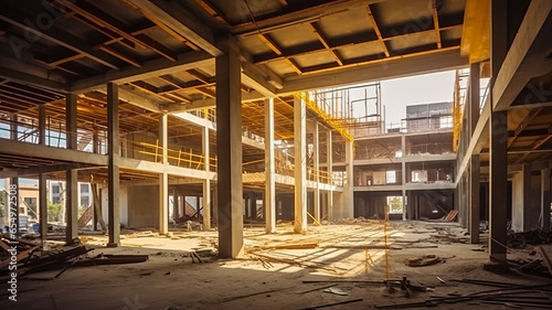 photograph of Building under Construction site. wide angle lens realistic natural lighting