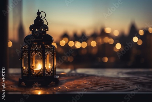 Ramadan celebration with lantern and mosque in the background. Generative AI