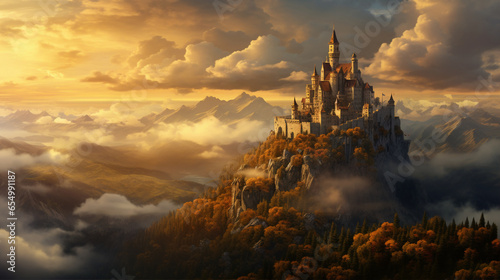 Old fairytale castle on the hill. Fantasy landscape illustration. sunrise over the forest
