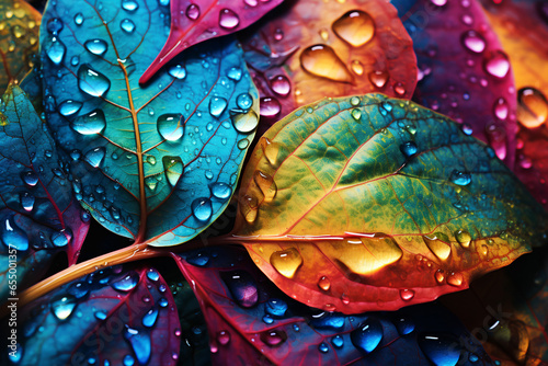 colorful leaves with drops of water - generative AI