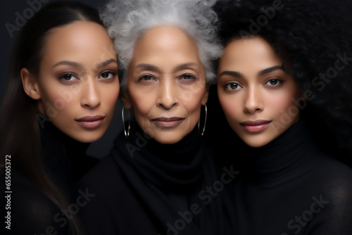 portrait of a mature woman with white hair and African American features in the center of the image with two young women on the sides with Latin features on a black background