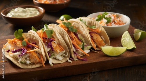 A rustic shot highlighting fish tacos with a rustic twist. The tacos feature flaky fish fillets, delicately seasoned with herbs and es, nestled in warm flour tortillas. Generously heaped