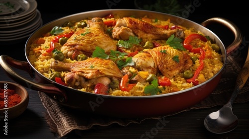 A sumptuous dish of arroz con pollo, a classic Colombian chicken and rice dish cooked to perfection with a flavorful medley of vegetables, es, and herbs, creating a savory onepot meal that