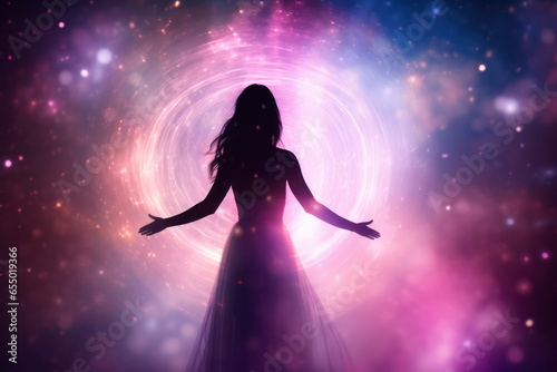 Silhouette of a woman in a dress with open arms in the cosmic universe sky with circular bands of light. Spiritual or religious concept. Astral body concept. Generative AI. 