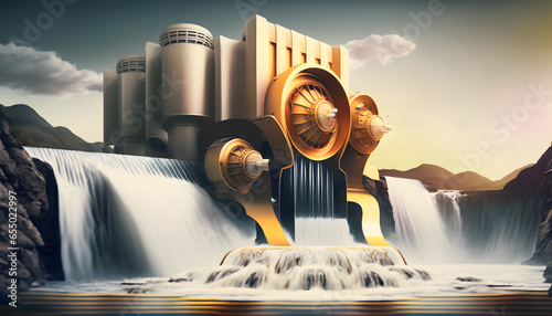 Hydroelectric power plant providing green power to the community, dam. illustration