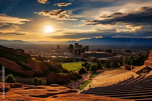 A wide view of Denver, Colorado skyline captured from Red Rocks Amphitheatre. Generative AI