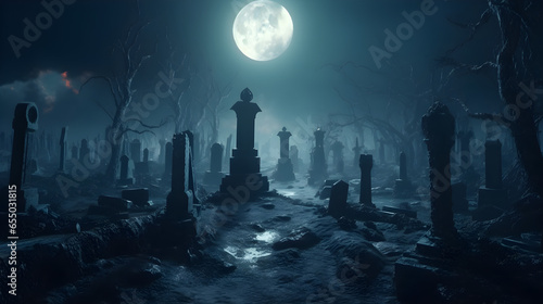 Haunted cemetery on a Halloween night with a full moon