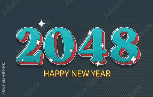 Happy New Year 2048 Concept Illustration On Halftone Effect. Modern Holiday Design.