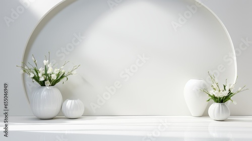 Trio of White Vases with Blooms. Three white vases with delicate white flowers on a clean, bright surface.