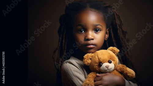 little african american girl hug her doll and cry or scare or sad or feel bad.