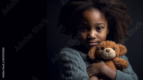 little african american girl hug her doll and cry or scare or sad or feel bad.