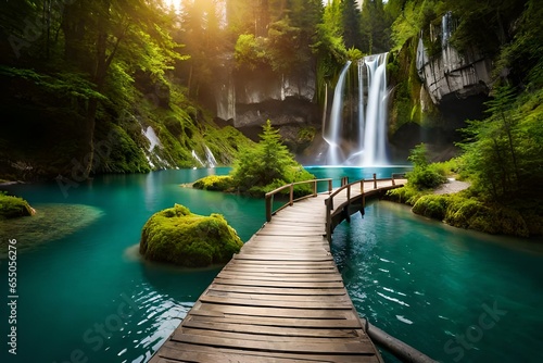 waterfall in the forest and wooden bridge over the lake, waterfall background, waterfall wallpaper, tropical waterfall, waterfall wildlife
