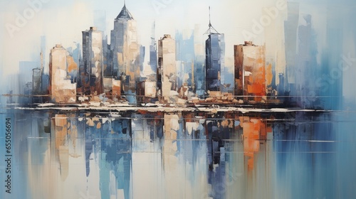 Skyline city view with reflections on water. Original oil painting on canvas
