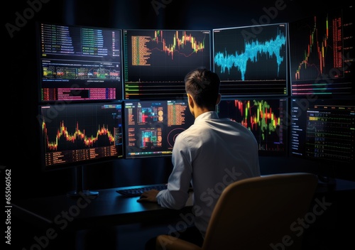 In the System Control Room Technical Operator Works at His Workstation with Multiple Displays Showing Graphics. IT Technician Works on Artificial Intelligence, Big Data Mining. AI Generative.