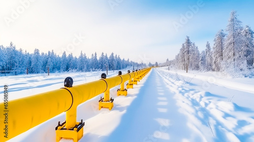 Yellow gas pipeline in snow winter landscape, pressurized hydrogen transport