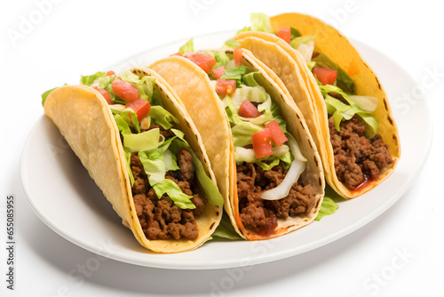 Plate of delicious beef tacos isolated on white