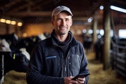 A farmer man stands in a cowshed, smiling, wearing a hat, arms crossed over his chest, using a tablet computer.