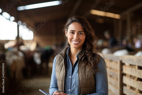 Beautiful young woman worker working in cow barn on the farm. Modern cow farmer work with tablets.