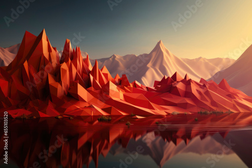 abstract background in form of geometric blocks on background of water and mountains in brown and orange colors. modern, business and website design