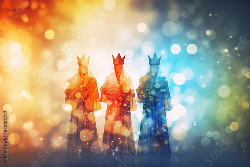 Silhouettes of Tres Reyes Magos ( Three Wise Men) on colorful background with bokeh . Epiphany or Dia de Reyes Magos celebration cocnept